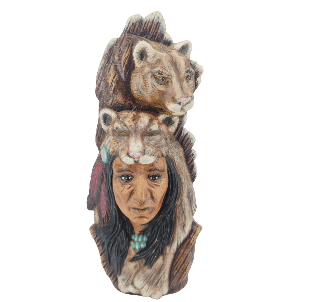 Vintage Native American Indian Chief with Mountain Lion Headdress 10-1/2"